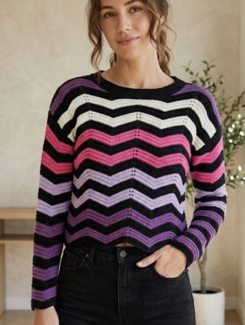 Striped Chevron Knit Sweater in Black, Pink & Purple